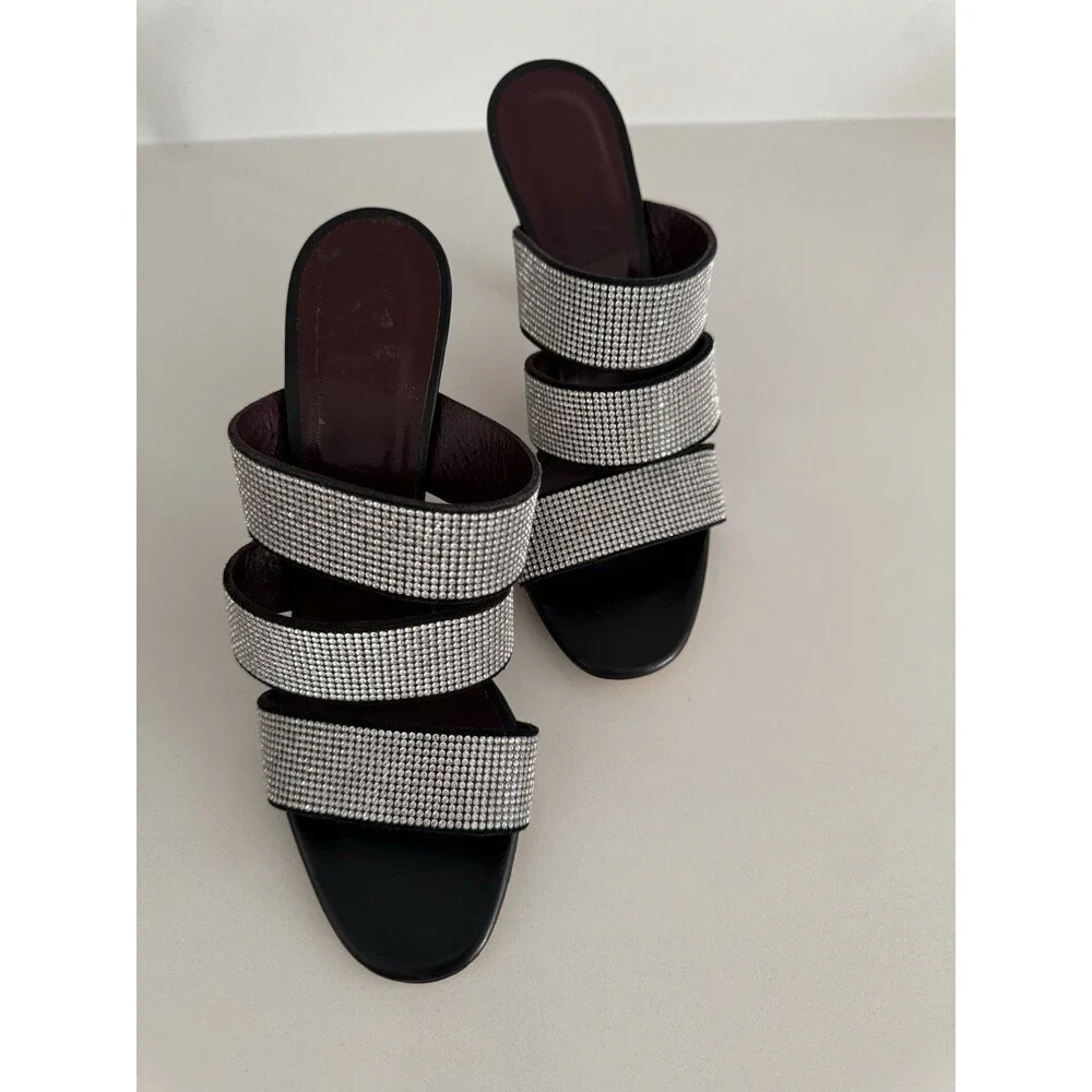 Staud Sonny Rhinestone Sandals Black Multi Strap Slides Heels Sz 36 / 6US